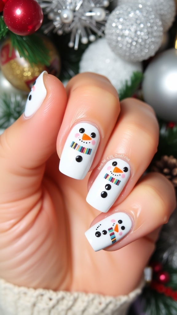 Nail art design with snowmen on white nails, featuring black eyes, orange noses, and colorful scarves.